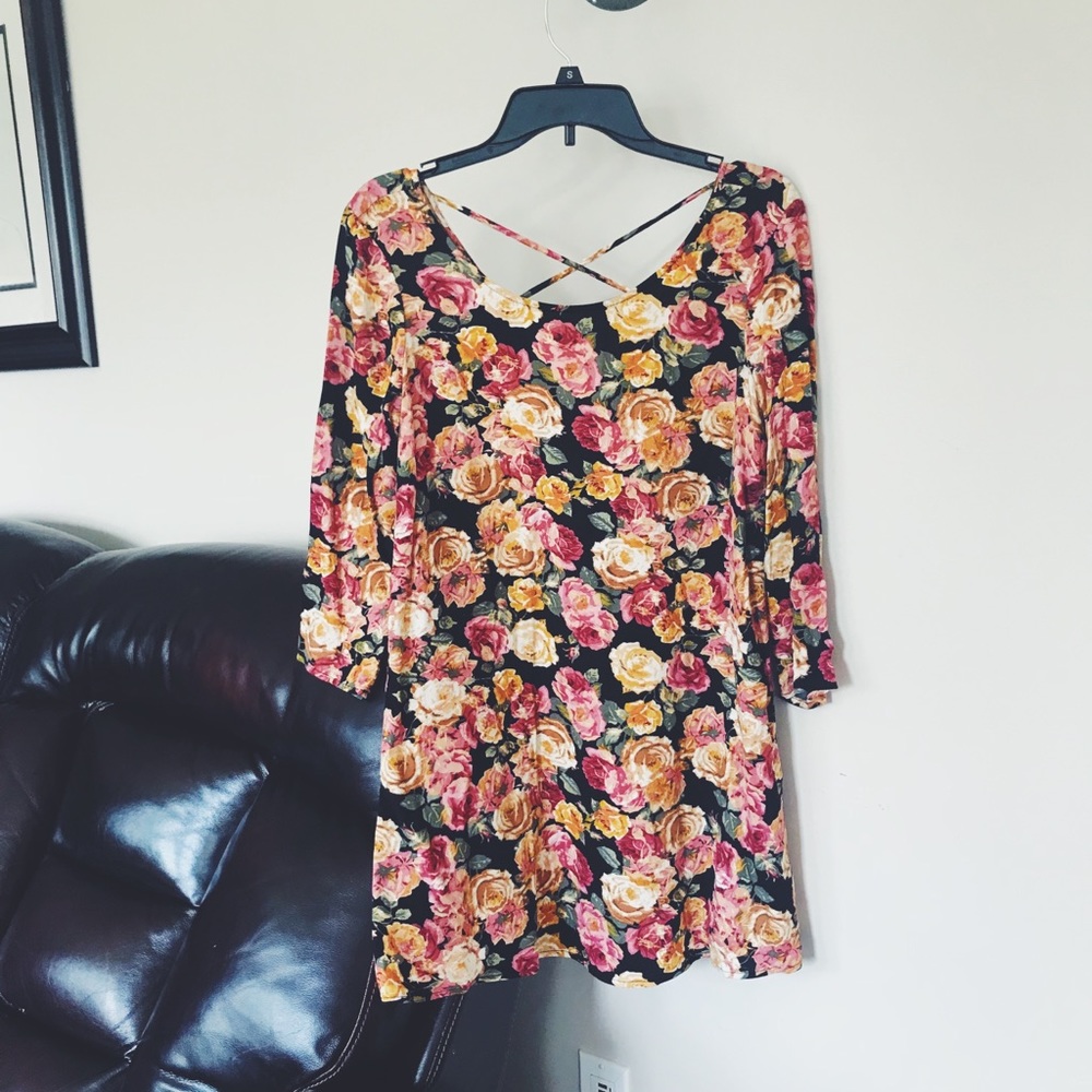 Flowy mini dress, mustard yellow and pink flowers